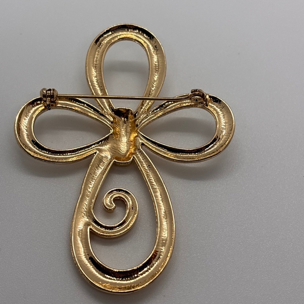 Vintage Gold Tone Cross Brooch Large Sculptural Ribbon Designer Pin - Picture 2 of 9